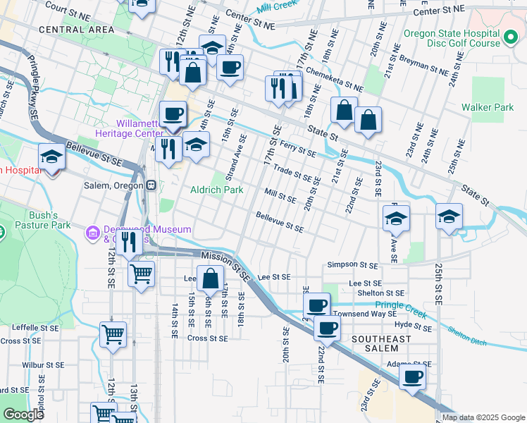 map of restaurants, bars, coffee shops, grocery stores, and more near 480 18th Street Southeast in Salem