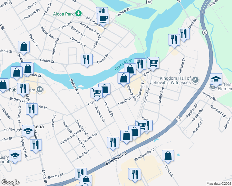 map of restaurants, bars, coffee shops, grocery stores, and more near 4 Grant St in Massena