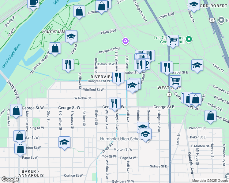 map of restaurants, bars, coffee shops, grocery stores, and more near 495 Stryker Avenue in Saint Paul