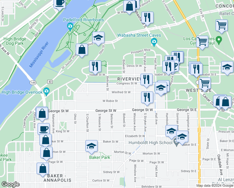 map of restaurants, bars, coffee shops, grocery stores, and more near 134 Winifred Street West in Saint Paul