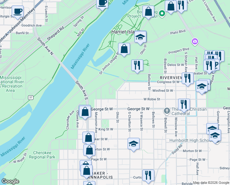 map of restaurants, bars, coffee shops, grocery stores, and more near 500 Ohio Street in Saint Paul