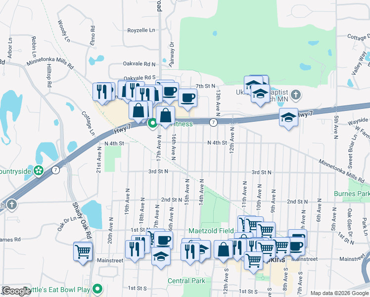 map of restaurants, bars, coffee shops, grocery stores, and more near 335 15th Avenue North in Hopkins