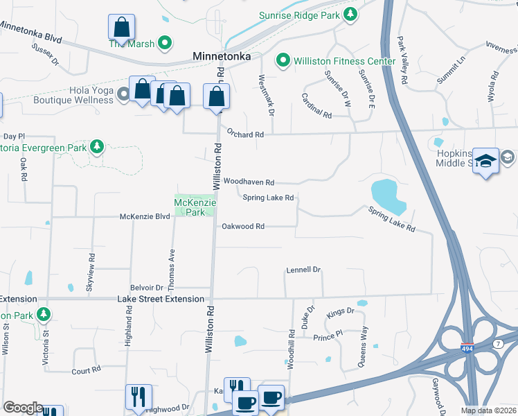 map of restaurants, bars, coffee shops, grocery stores, and more near 14608 Oakwood Road in Minnetonka