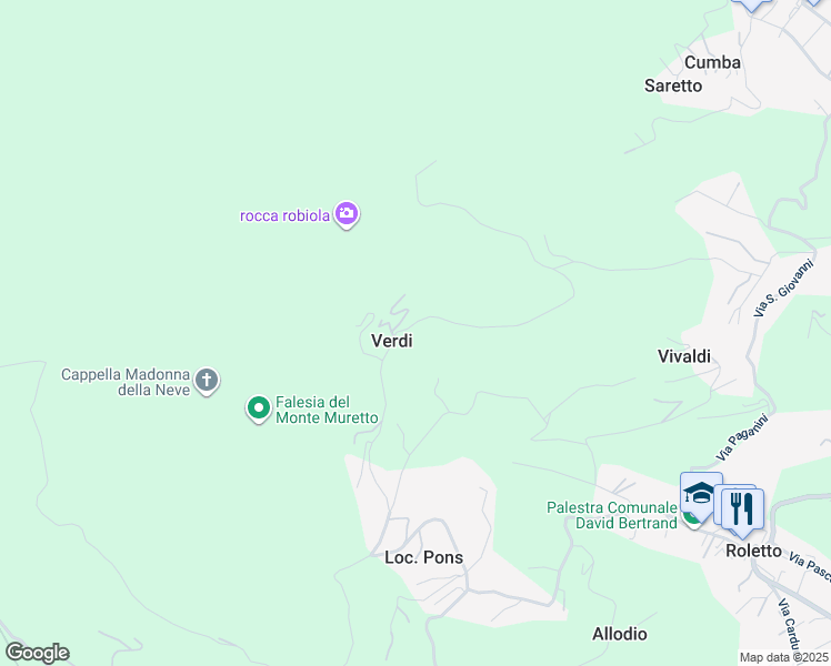 map of restaurants, bars, coffee shops, grocery stores, and more near 42 Via Giuseppe Ver di in Verdi