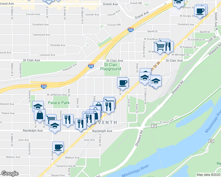 map of restaurants, bars, coffee shops, grocery stores, and more near 339 Webster Street in Saint Paul