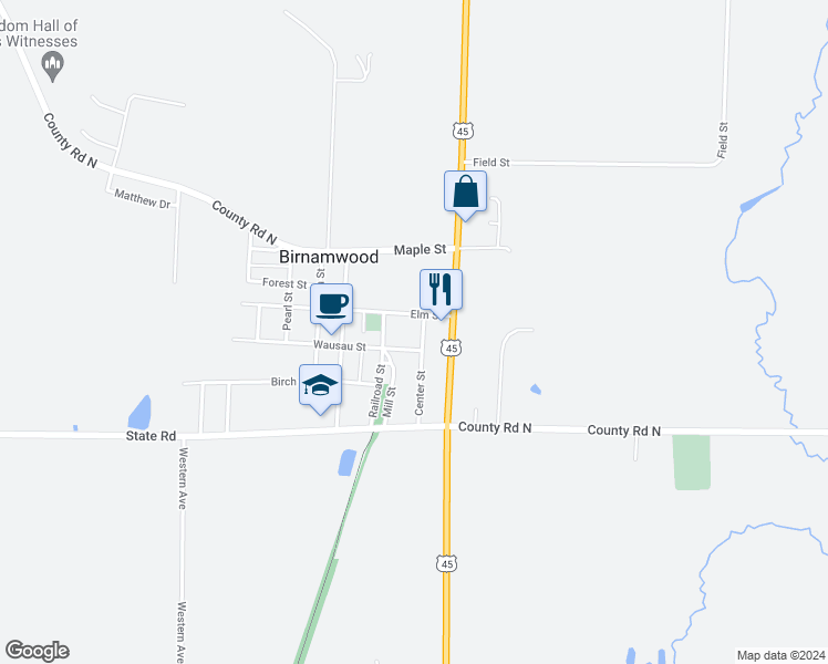 map of restaurants, bars, coffee shops, grocery stores, and more near 401 Center Street in Birnamwood