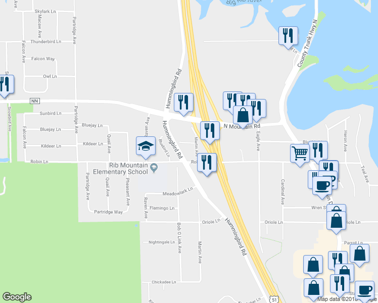 map of restaurants, bars, coffee shops, grocery stores, and more near 2800 Martin Avenue in Wausau