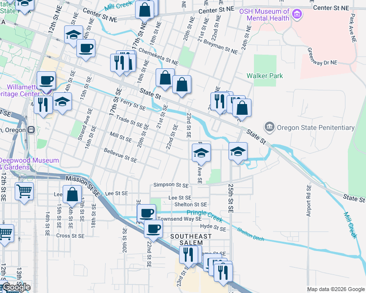 map of restaurants, bars, coffee shops, grocery stores, and more near 2200 Mill Street Southeast in Salem