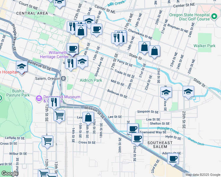 map of restaurants, bars, coffee shops, grocery stores, and more near 480 18th Street Southeast in Salem