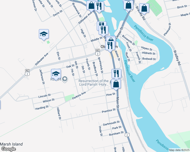 map of restaurants, bars, coffee shops, grocery stores, and more near 66 Bradbury Street in Old Town