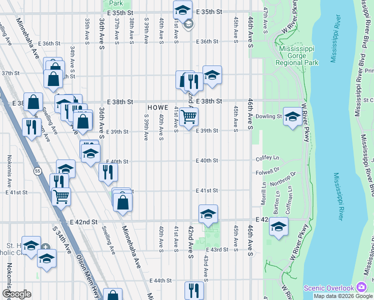 map of restaurants, bars, coffee shops, grocery stores, and more near 3950 42nd Avenue South in Minneapolis