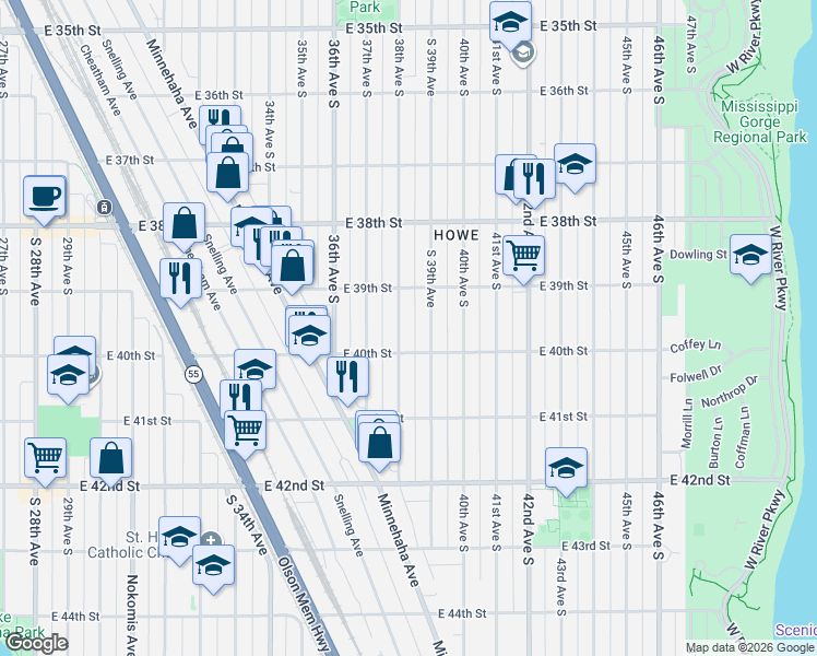 map of restaurants, bars, coffee shops, grocery stores, and more near 3949 38th Avenue South in Minneapolis