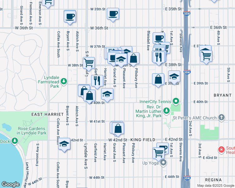 map of restaurants, bars, coffee shops, grocery stores, and more near 3940 Pleasant Avenue in Minneapolis