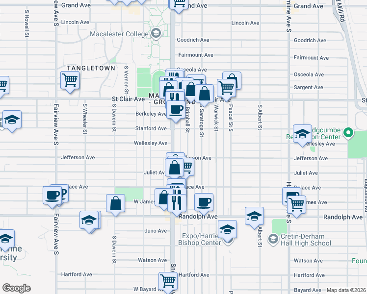 map of restaurants, bars, coffee shops, grocery stores, and more near 350 Snelling Avenue South in Saint Paul