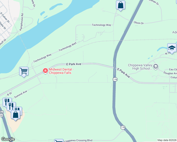 map of restaurants, bars, coffee shops, grocery stores, and more near 1250 Summit Avenue in Chippewa Falls