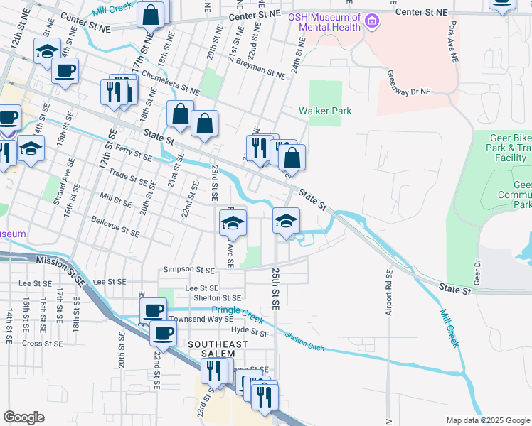 map of restaurants, bars, coffee shops, grocery stores, and more near 364 24th Street Southeast in Salem