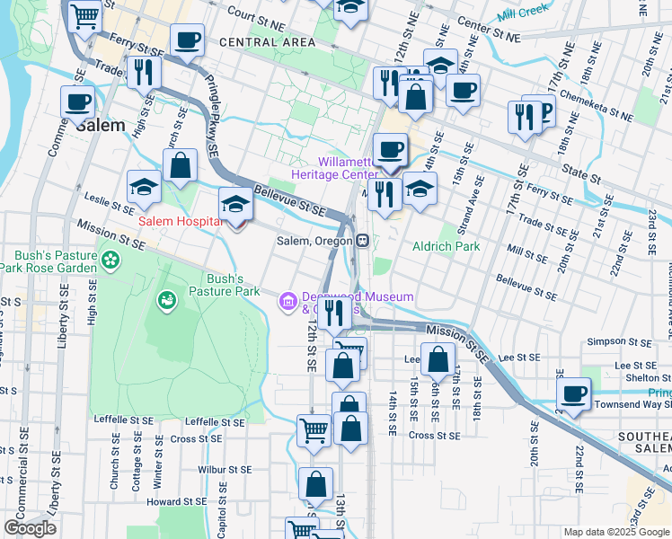 map of restaurants, bars, coffee shops, grocery stores, and more near 698 Oregon 99E Business in Salem