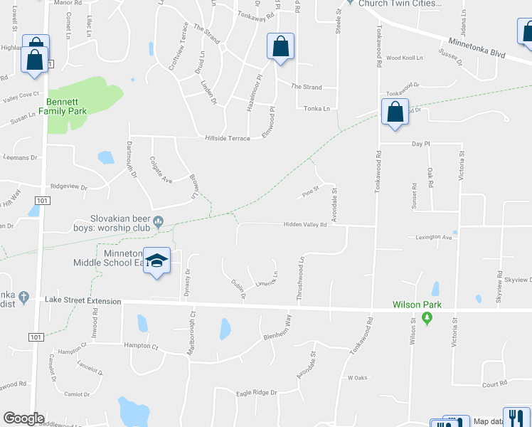 map of restaurants, bars, coffee shops, grocery stores, and more near 16508 Hidden Valley Road in Minnetonka