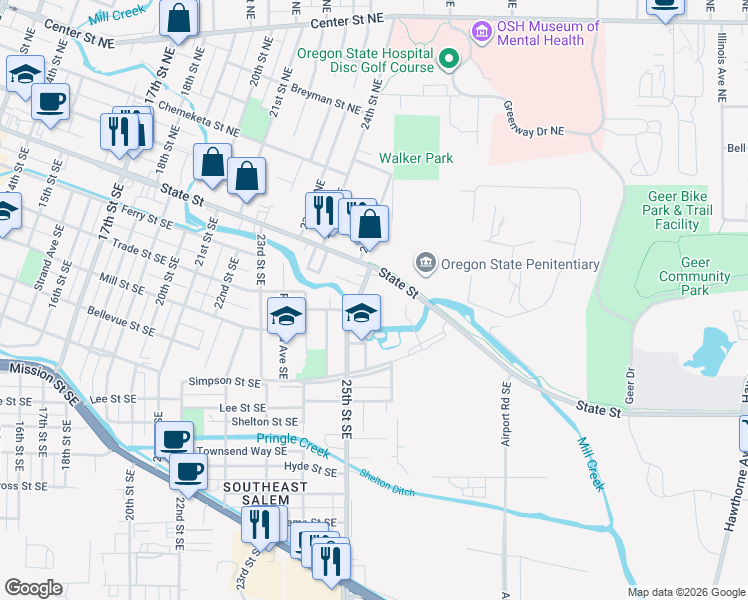 map of restaurants, bars, coffee shops, grocery stores, and more near 2600 State Street in Salem