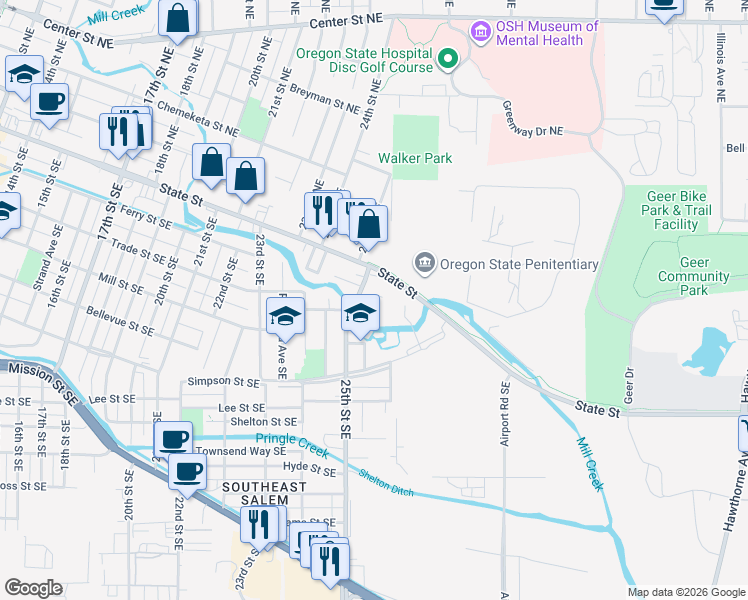 map of restaurants, bars, coffee shops, grocery stores, and more near 2600 State Street in Salem