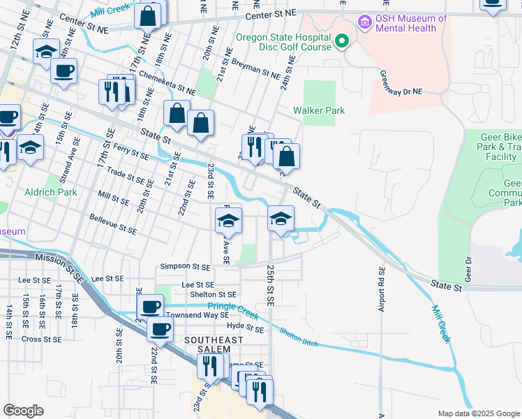 map of restaurants, bars, coffee shops, grocery stores, and more near 364 24th Street Southeast in Salem