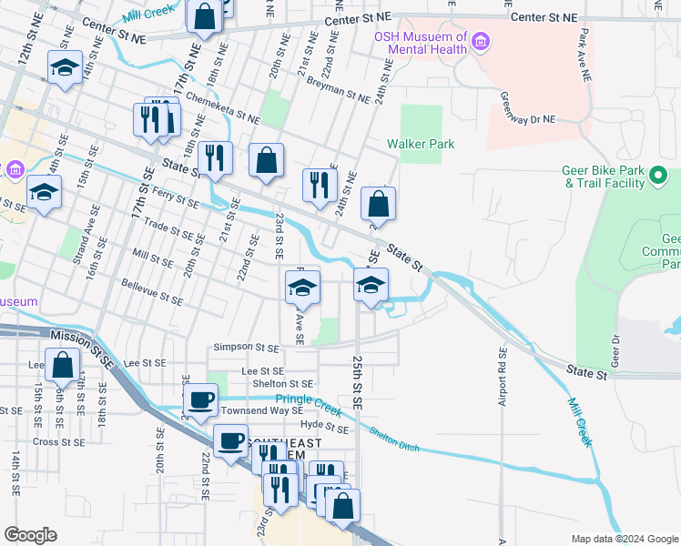 map of restaurants, bars, coffee shops, grocery stores, and more near 364 24th Street Southeast in Salem