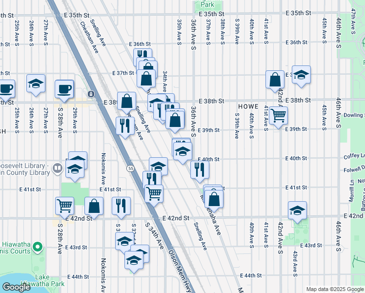 map of restaurants, bars, coffee shops, grocery stores, and more near 3950 Minnehaha Avenue in Minneapolis