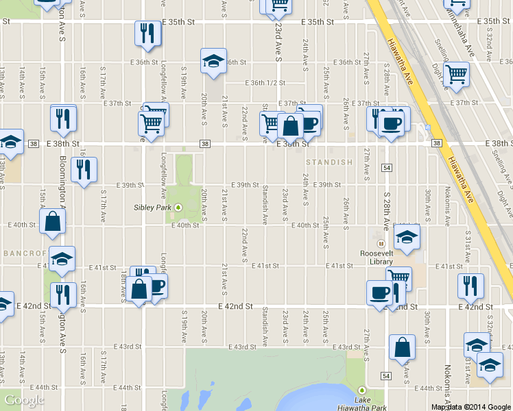 map of restaurants, bars, coffee shops, grocery stores, and more near 2210 East 40th Street in Minneapolis
