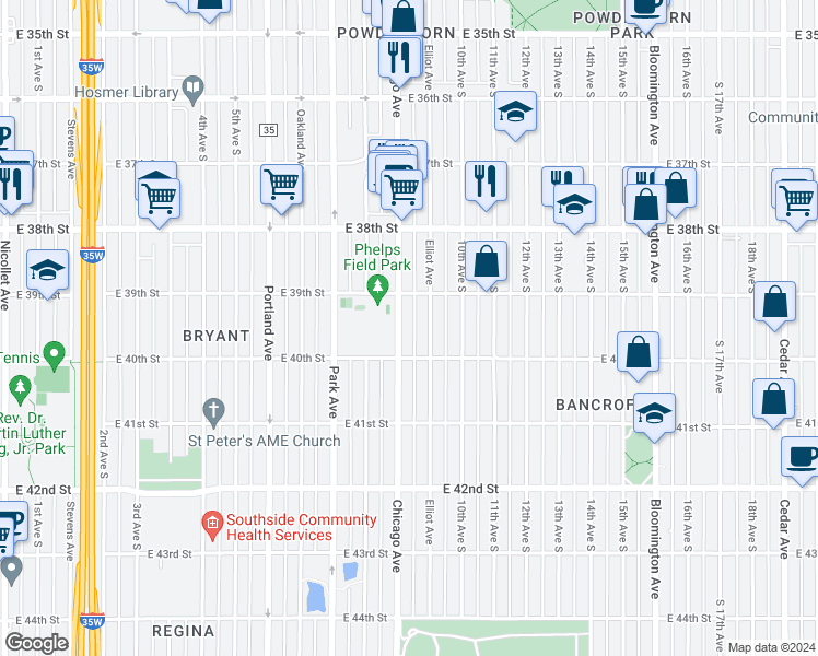 map of restaurants, bars, coffee shops, grocery stores, and more near 3945 Chicago Avenue in Minneapolis
