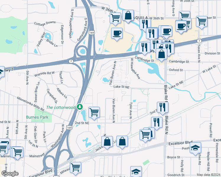 map of restaurants, bars, coffee shops, grocery stores, and more near 337 Van Buren Avenue North in Hopkins