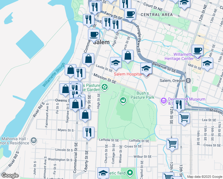 map of restaurants, bars, coffee shops, grocery stores, and more near 600 Mission Street Southeast in Salem