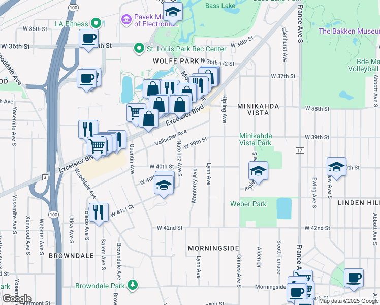 map of restaurants, bars, coffee shops, grocery stores, and more near 3963 Natchez Avenue South in Minneapolis