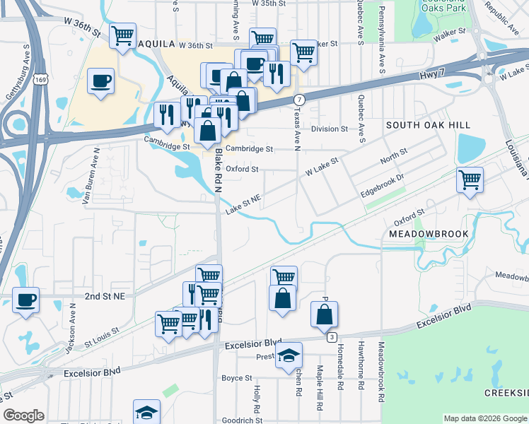 map of restaurants, bars, coffee shops, grocery stores, and more near 1328 Lake Street Northeast in Hopkins
