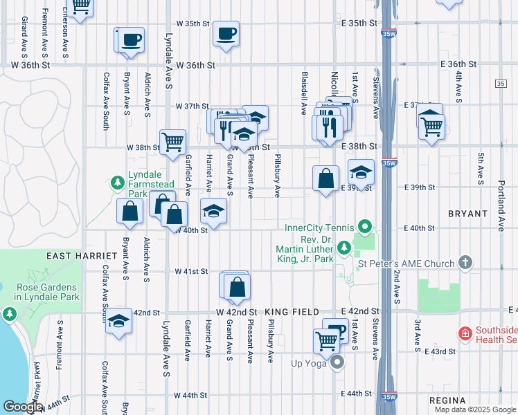map of restaurants, bars, coffee shops, grocery stores, and more near 3944 Pillsbury Avenue in Minneapolis
