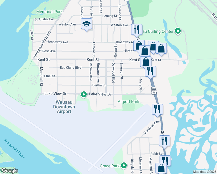 map of restaurants, bars, coffee shops, grocery stores, and more near 2511 Midway Boulevard in Wausau