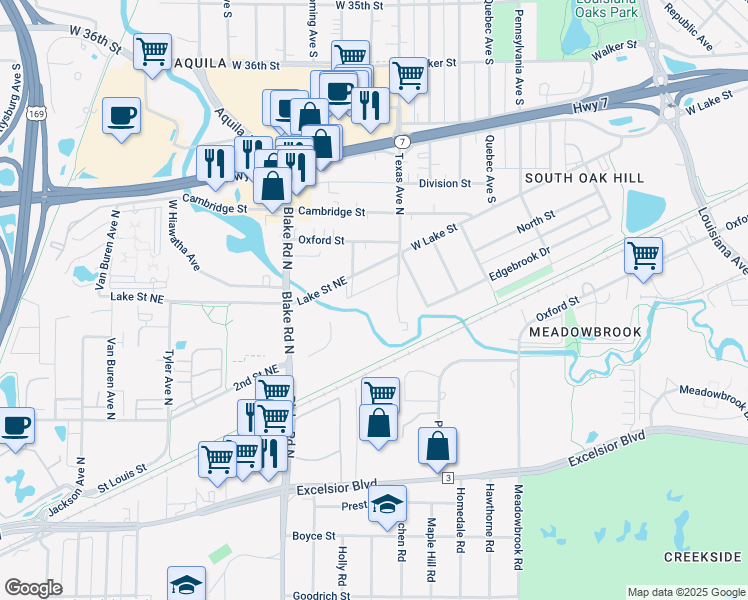 map of restaurants, bars, coffee shops, grocery stores, and more near 1328 Lake Street Northeast in Hopkins