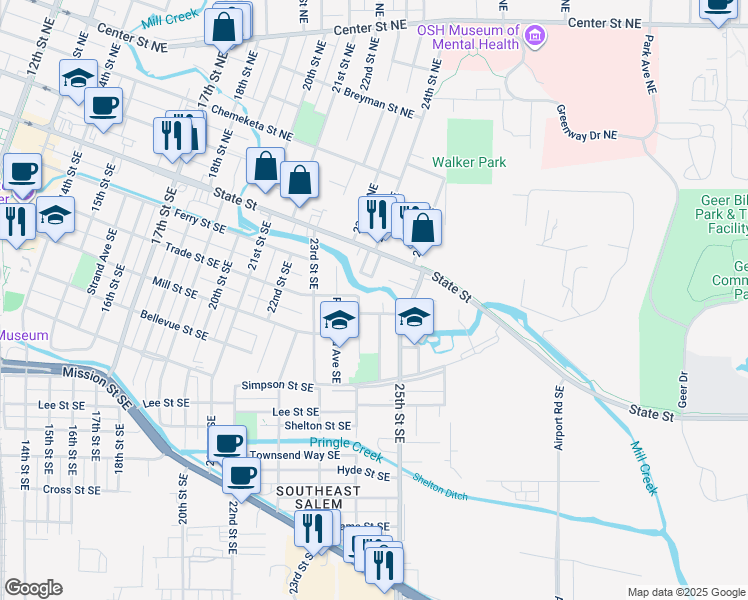 map of restaurants, bars, coffee shops, grocery stores, and more near 364 24th Street Southeast in Salem