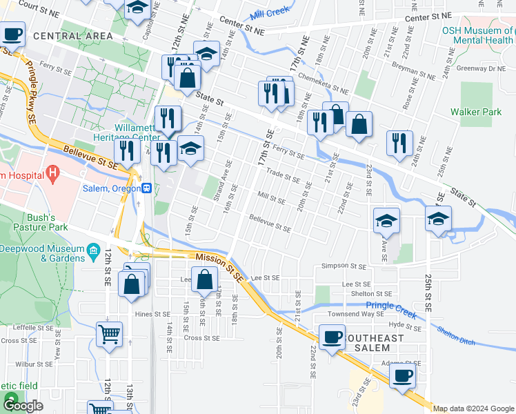 map of restaurants, bars, coffee shops, grocery stores, and more near 480 18th Street Southeast in Salem