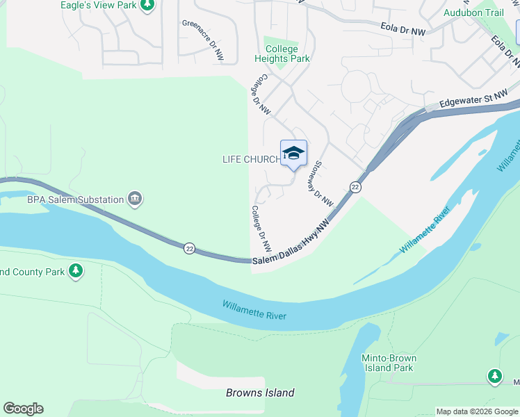 map of restaurants, bars, coffee shops, grocery stores, and more near 162 College Drive Northwest in Salem