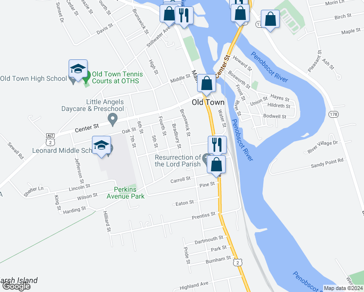 map of restaurants, bars, coffee shops, grocery stores, and more near 66 Bradbury Street in Old Town