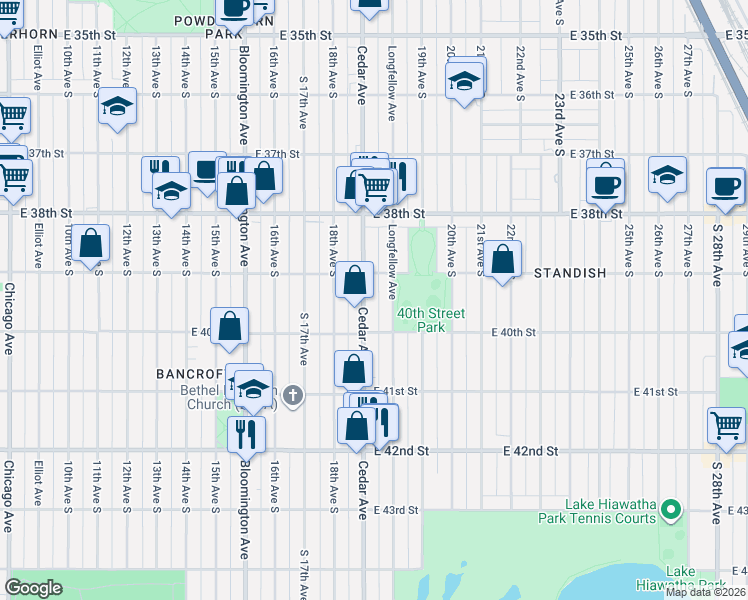 map of restaurants, bars, coffee shops, grocery stores, and more near 3936 Cedar Avenue in Minneapolis