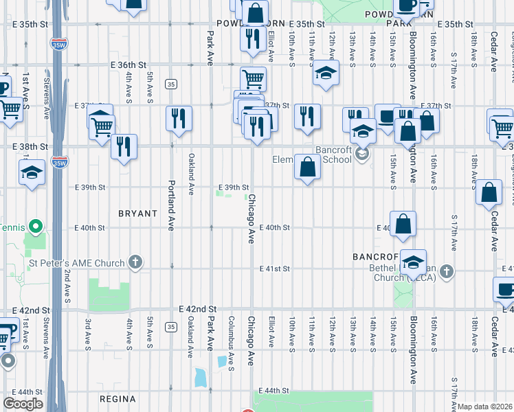 map of restaurants, bars, coffee shops, grocery stores, and more near 3945 Chicago Avenue in Minneapolis