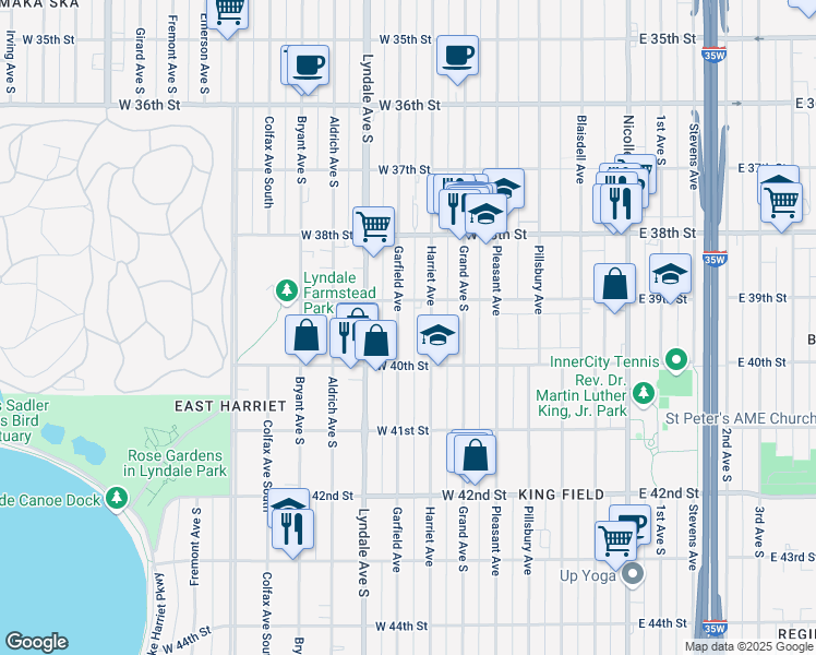 map of restaurants, bars, coffee shops, grocery stores, and more near 3945 Garfield Avenue in Minneapolis