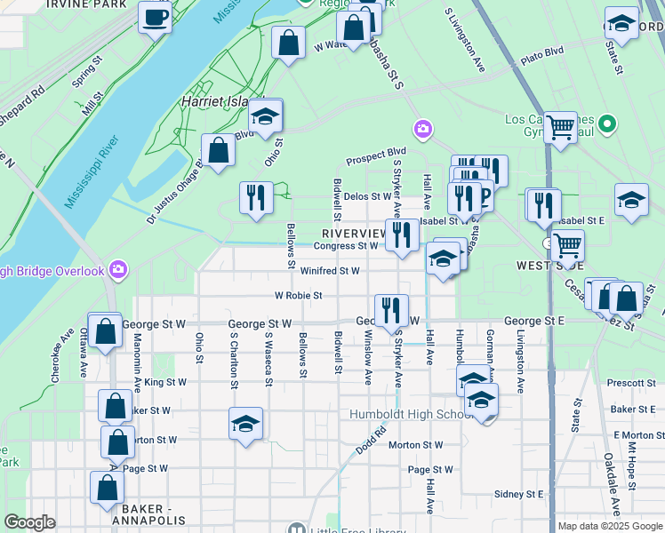 map of restaurants, bars, coffee shops, grocery stores, and more near 134 Winifred Street West in Saint Paul