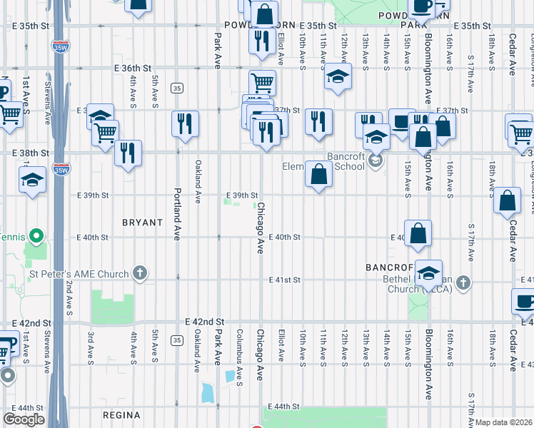 map of restaurants, bars, coffee shops, grocery stores, and more near 3945 Chicago Avenue in Minneapolis
