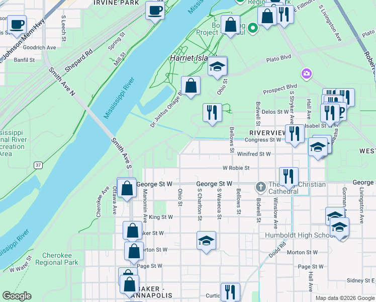 map of restaurants, bars, coffee shops, grocery stores, and more near 500 Ohio Street in Saint Paul