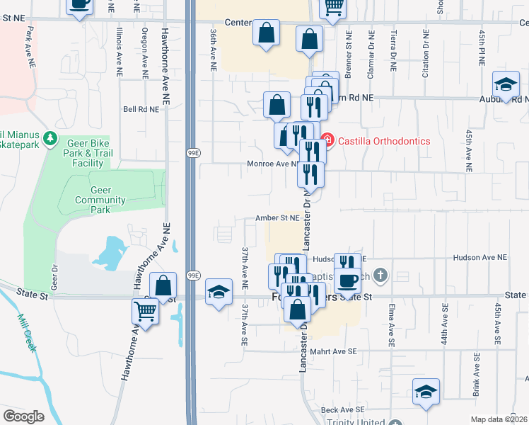 map of restaurants, bars, coffee shops, grocery stores, and more near 3760 Amber Street Northeast in Salem
