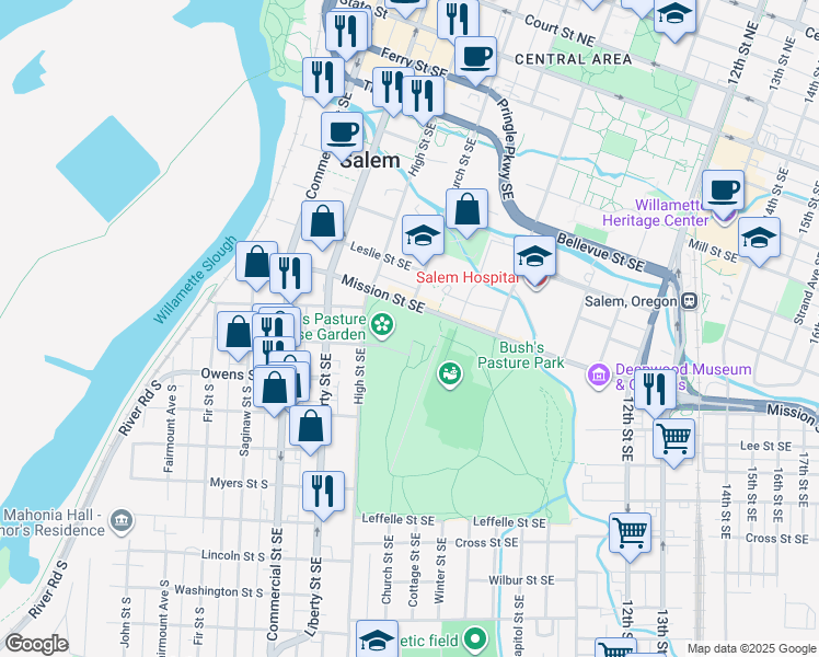 map of restaurants, bars, coffee shops, grocery stores, and more near 600 Mission Street Southeast in Salem