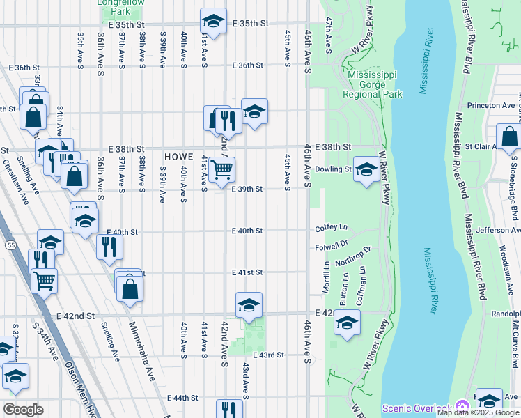 map of restaurants, bars, coffee shops, grocery stores, and more near 3953 44th Avenue South in Minneapolis