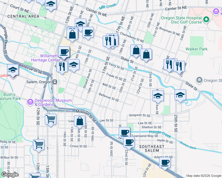 map of restaurants, bars, coffee shops, grocery stores, and more near 465 20th Street Southeast in Salem
